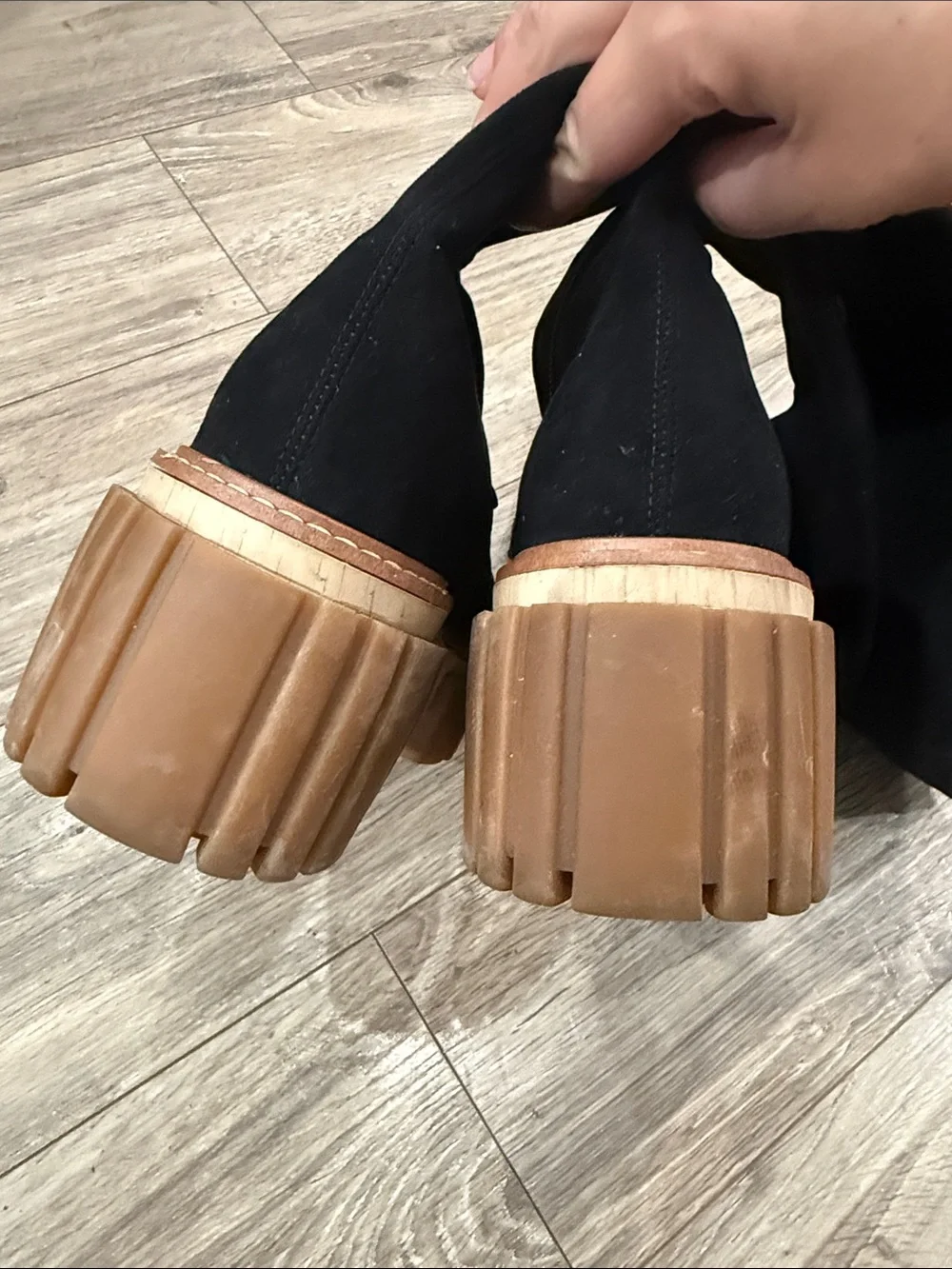 Stella McCartney Black Over-the-Knee Suede-Look Boots with Tan Lug Sole sz 38